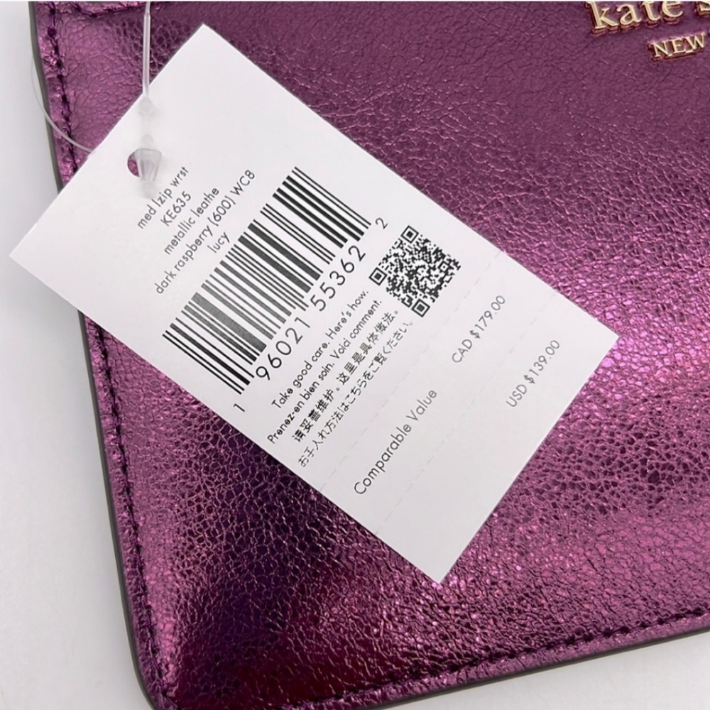 Kate Spade Lucy Metallic Medium L-zip Wristlet Dark Raspberry, back slip pocket - Picture 3 of 6